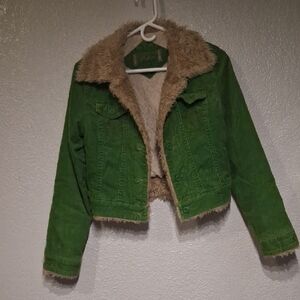 Papaya Green Faux-Shearling Trim Jean Jacket for Ladies